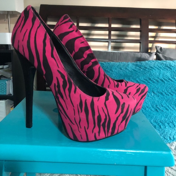 Shoe Dazzle Shoes - Pink and black zebra high heels